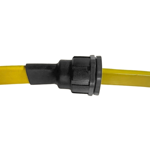 Black rubber hose fitting on a white background